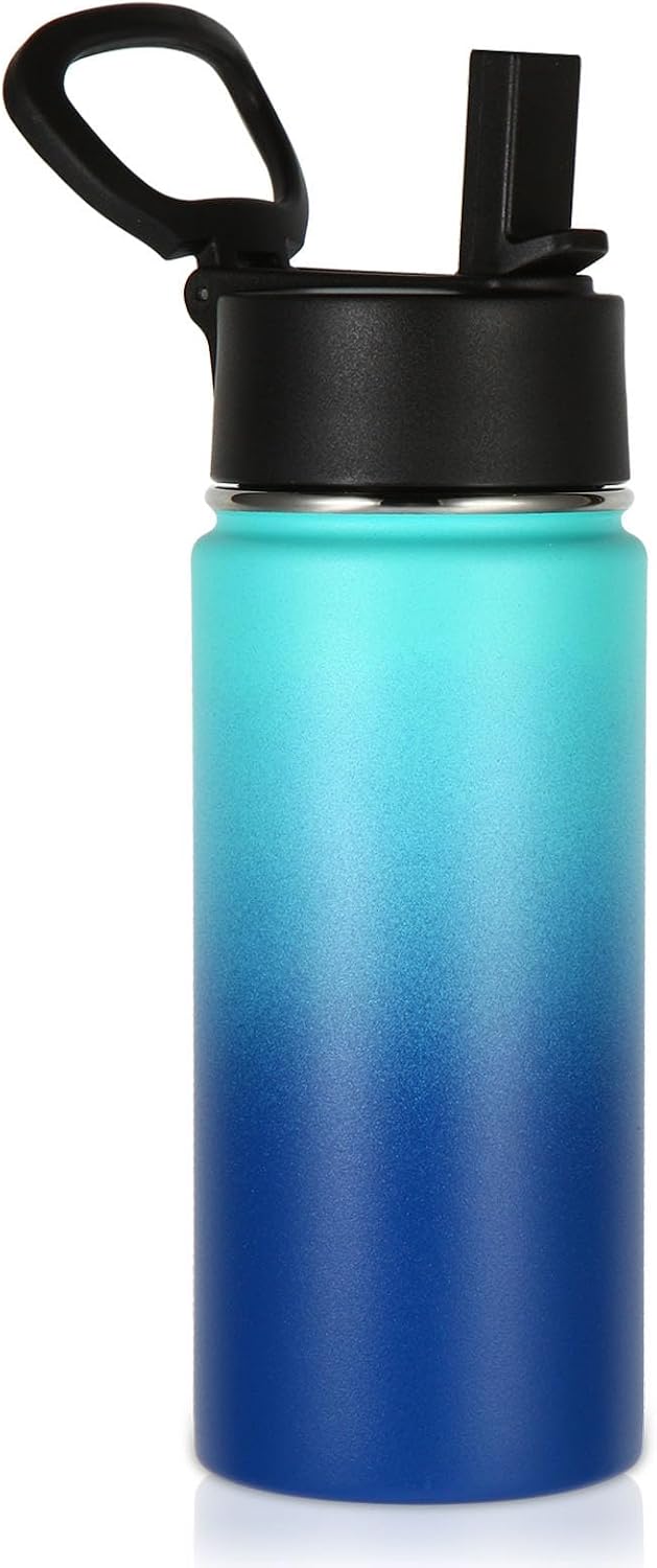 Volhoply Kids Insulated Water Bottle with Straw,16oz Stainless Steel Cold Water Bottles for School,BPA-Free Metal Wide Mouth Cups with Handle,Reusable Double Wall Vacuum Sport Flask(Green Blue,1)