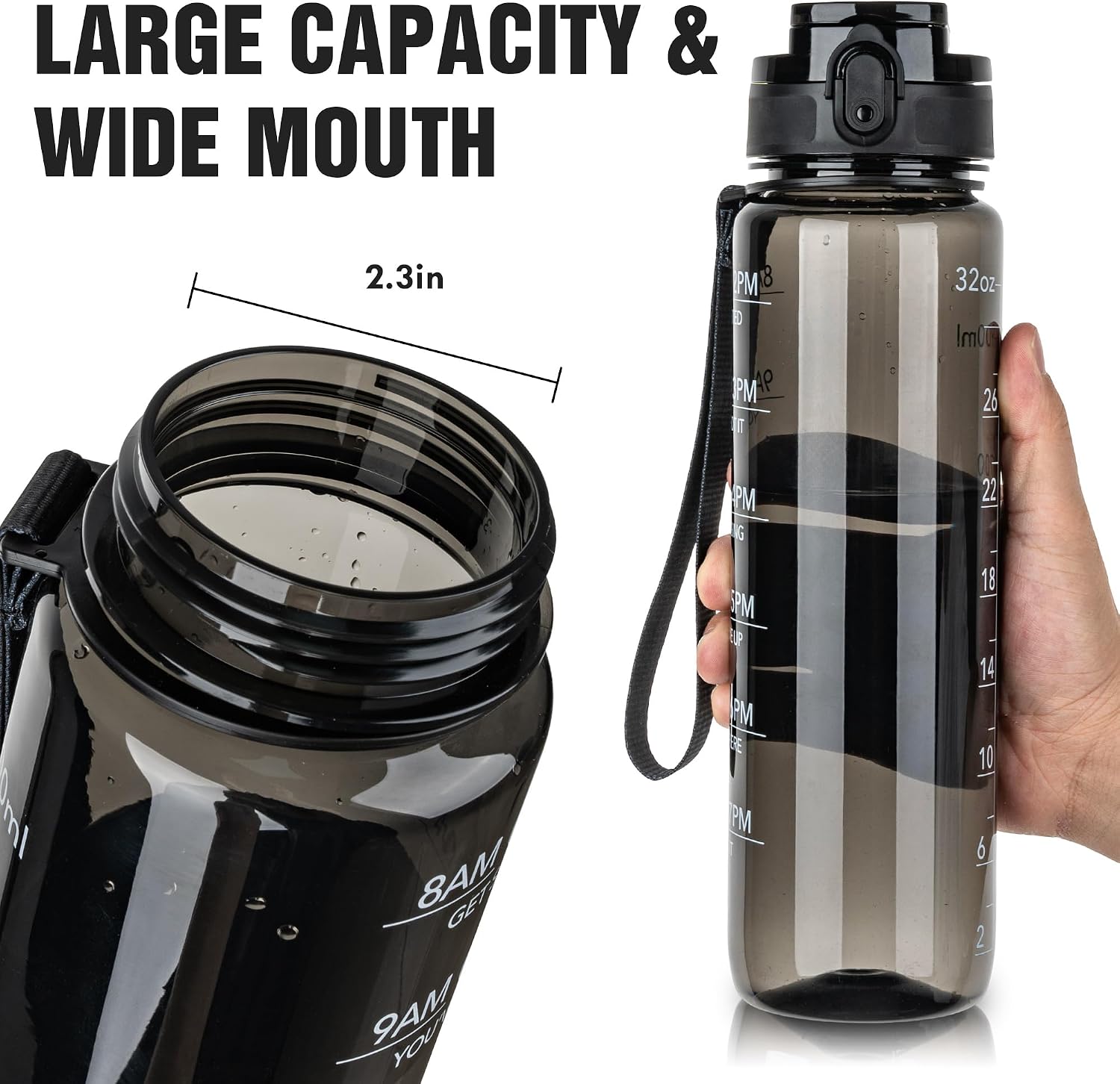 OLDLEY Water Bottle, 32oz Motivational Sports Water Bottle with Time Marker - Times to Drink - Tritan, BPA Free, Wide Mouth Leakproof,Clear Black