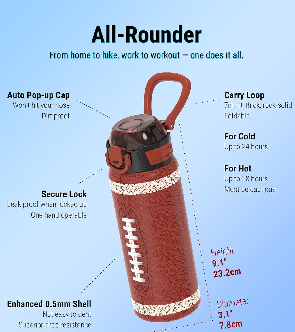 MYFOREST Football Water Bottle, Odor-free Liner & Triple Insulated | No Plastic Taste, 3D Touch Shell, Quick-open Chug/Sip Lid, 360° Leak-Proof, for Sports Fans/Gifts/Team Swag, 24oz/700ml