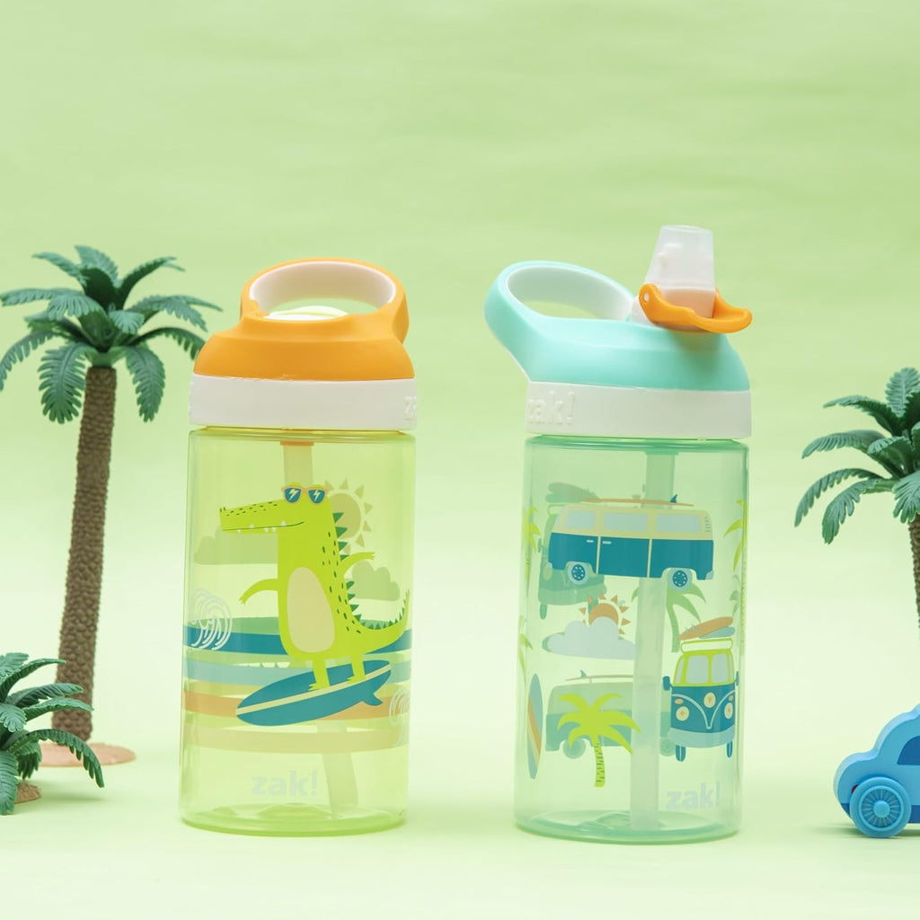 Zak Designs Atlantic Kids Water Bottle For School or Travel, 16oz Durable Plastic Water Bottle With Straw, Handle, and Leak-Proof, Pop-Up Spout Cover, 2-Pack (Surf Boards and Palm Trees)