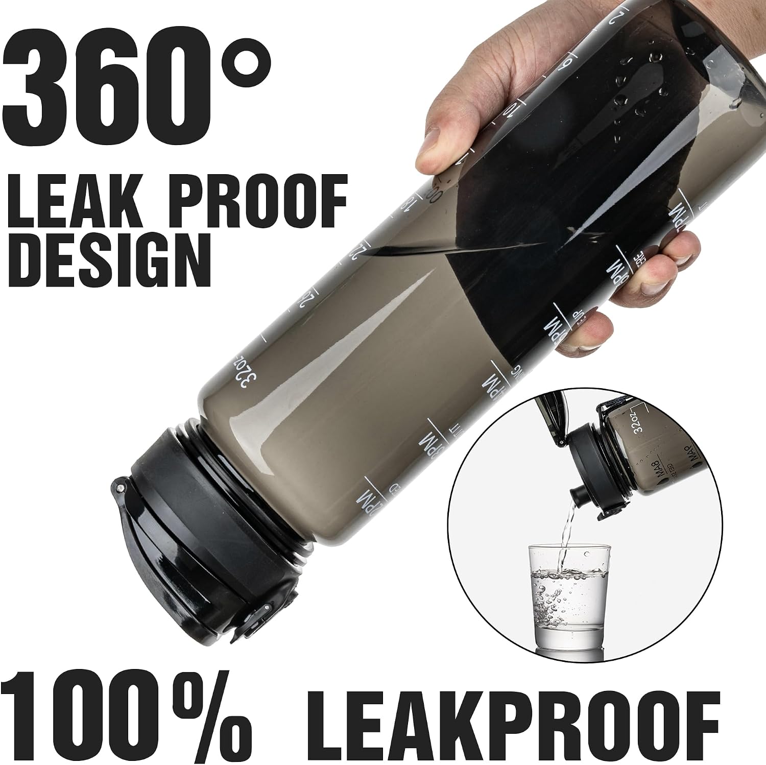 OLDLEY Water Bottle, 32oz Motivational Sports Water Bottle with Time Marker - Times to Drink - Tritan, BPA Free, Wide Mouth Leakproof,Clear Black