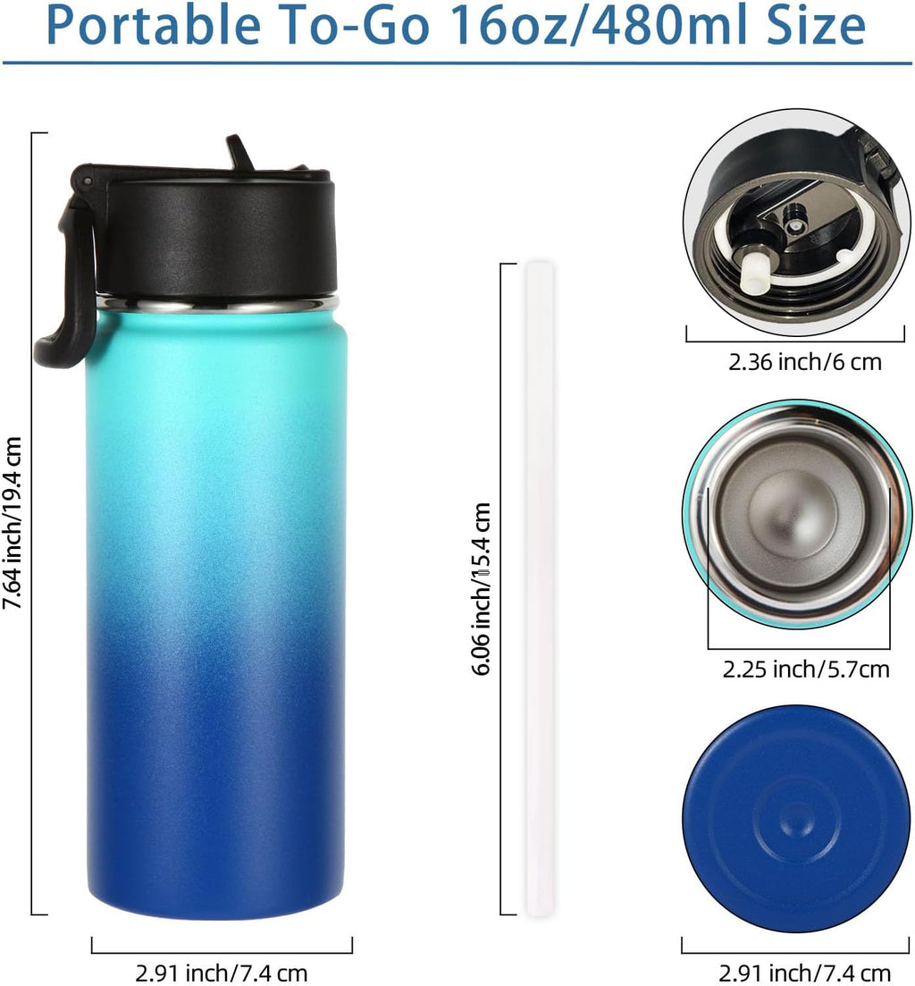 Volhoply Kids Insulated Water Bottle with Straw,16oz Stainless Steel Cold Water Bottles for School,BPA-Free Metal Wide Mouth Cups with Handle,Reusable Double Wall Vacuum Sport Flask(Green Blue,1)