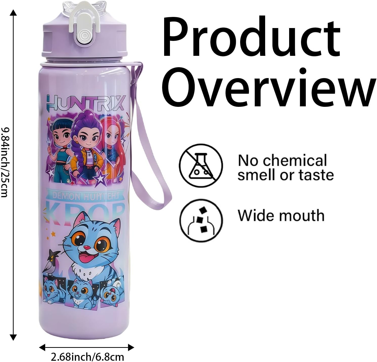 K.Pop D.e.mon Hunters Officially Licensed Huntrix Water Bottle for Girls, 25oz Leak Proof with Straw Lid, Gifts for Girls (White)