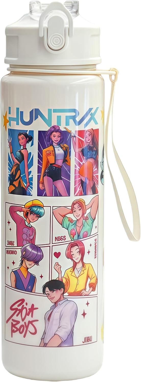 K.Pop D.e.mon Hunters Officially Licensed Huntrix Water Bottle for Girls, 25oz Leak Proof with Straw Lid, Gifts for Girls (White)