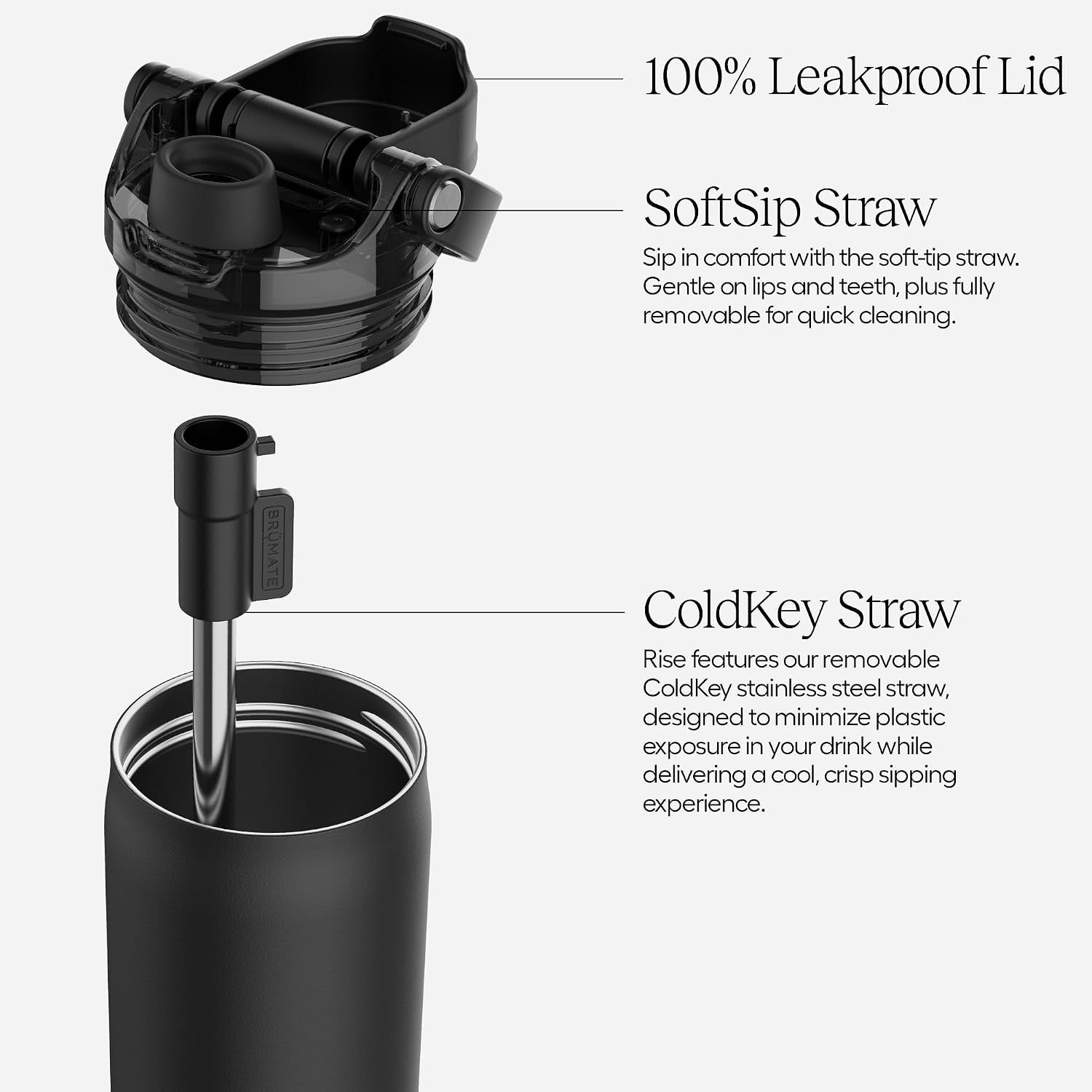 BrüMate Rise 25oz Water Bottle With 100% Leakproof Covered Silicone Straw | Insulated Stainless Steel Water Bottle | Cup-Holder Friendly | Fast Flow | Soft Sip Silicone Spout | BPA-Free (Matte Black)