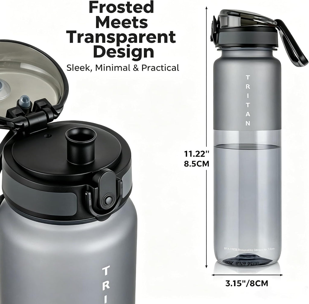 32oz Clear Tritan Water Bottle with Chug Lid | Frosted & BPA-Free, Leakproof, Wide Mouth, Portable Sports Water Bottle for Gym, Office, Travel, Outdoor（Grey）
