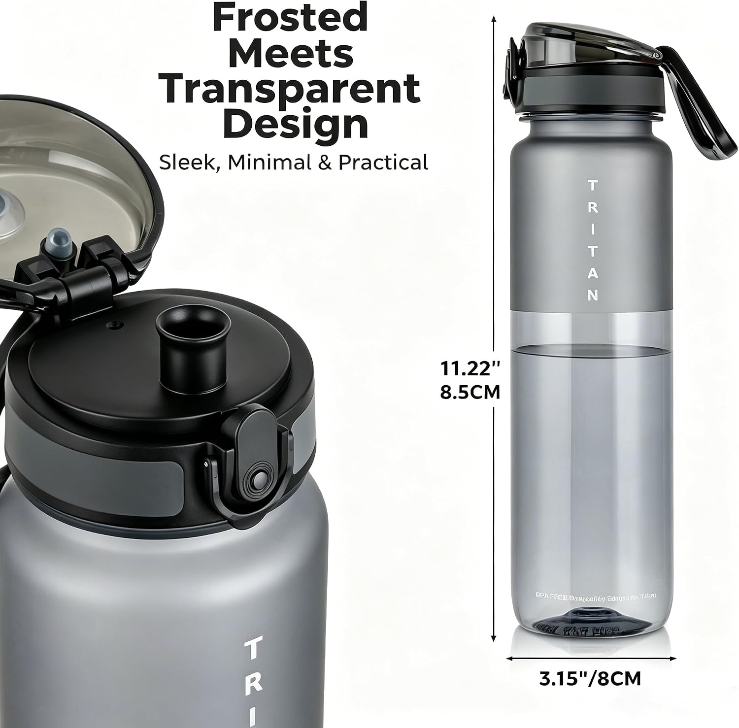 32oz Clear Tritan Water Bottle with Chug Lid | Frosted & BPA-Free, Leakproof, Wide Mouth, Portable Sports Water Bottle for Gym, Office, Travel, Outdoor（Grey）