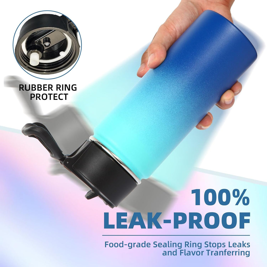 Volhoply Kids Insulated Water Bottle with Straw,16oz Stainless Steel Cold Water Bottles for School,BPA-Free Metal Wide Mouth Cups with Handle,Reusable Double Wall Vacuum Sport Flask(Green Blue,1)
