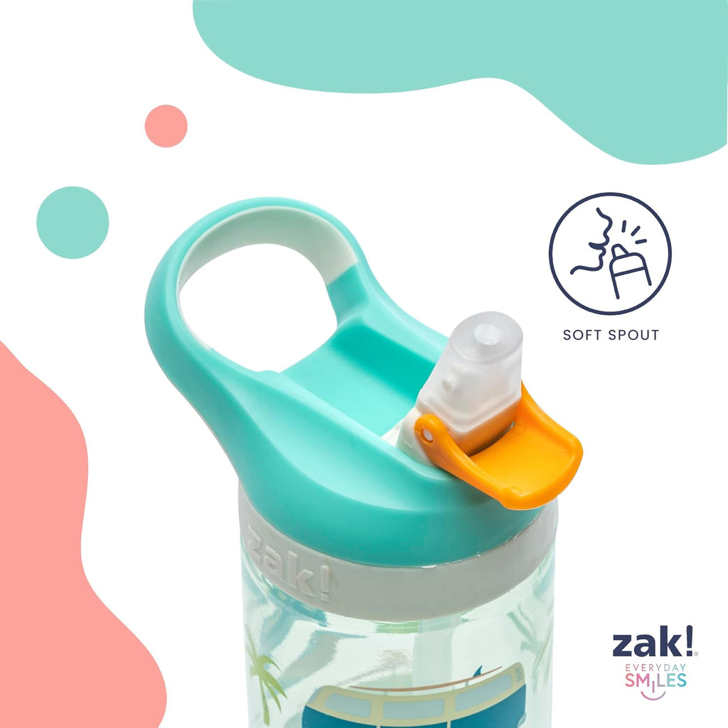 Zak Designs Atlantic Kids Water Bottle For School or Travel, 16oz Durable Plastic Water Bottle With Straw, Handle, and Leak-Proof, Pop-Up Spout Cover, 2-Pack (Surf Boards and Palm Trees)