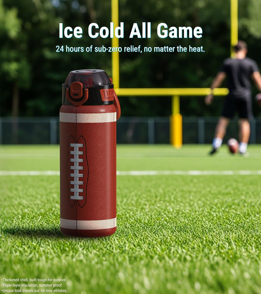 MYFOREST Football Water Bottle, Odor-free Liner & Triple Insulated | No Plastic Taste, 3D Touch Shell, Quick-open Chug/Sip Lid, 360° Leak-Proof, for Sports Fans/Gifts/Team Swag, 24oz/700ml