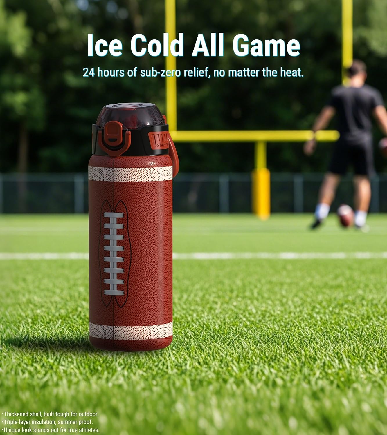 MYFOREST Football Water Bottle, Odor-free Liner & Triple Insulated | No Plastic Taste, 3D Touch Shell, Quick-open Chug/Sip Lid, 360° Leak-Proof, for Sports Fans/Gifts/Team Swag, 24oz/700ml
