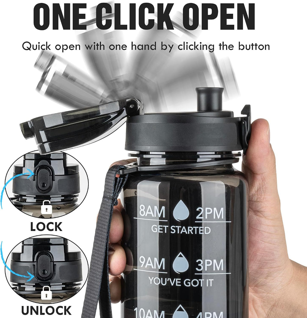 OLDLEY Water Bottle, 32oz Motivational Sports Water Bottle with Time Marker - Times to Drink - Tritan, BPA Free, Wide Mouth Leakproof,Clear Black