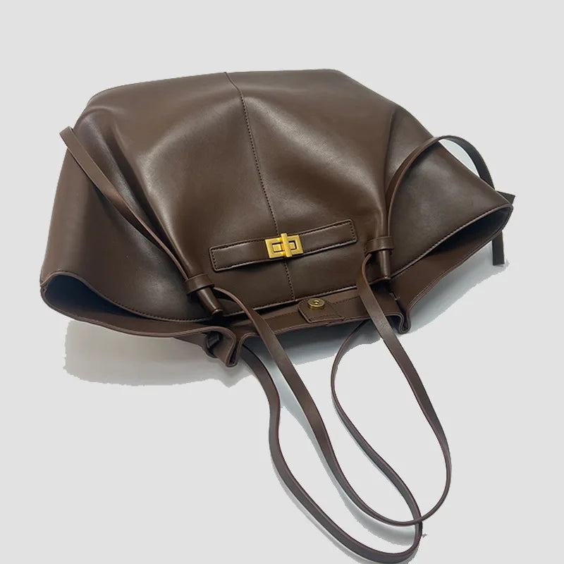 Fashion Large Capacity Trapeze Women Shoulder Bags Designer Metal Lock Handbags High-Quality Pu Leather Big Tote Commute Bag