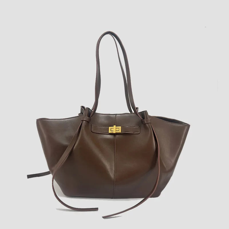 Fashion Large Capacity Trapeze Women Shoulder Bags Designer Metal Lock Handbags High-Quality Pu Leather Big Tote Commute Bag