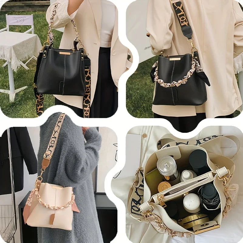 New Luxury Fashion Women's Shoulder Bag Large Capacity Bucket Bag With Ribbon Chain Crossbody Bag Commuting