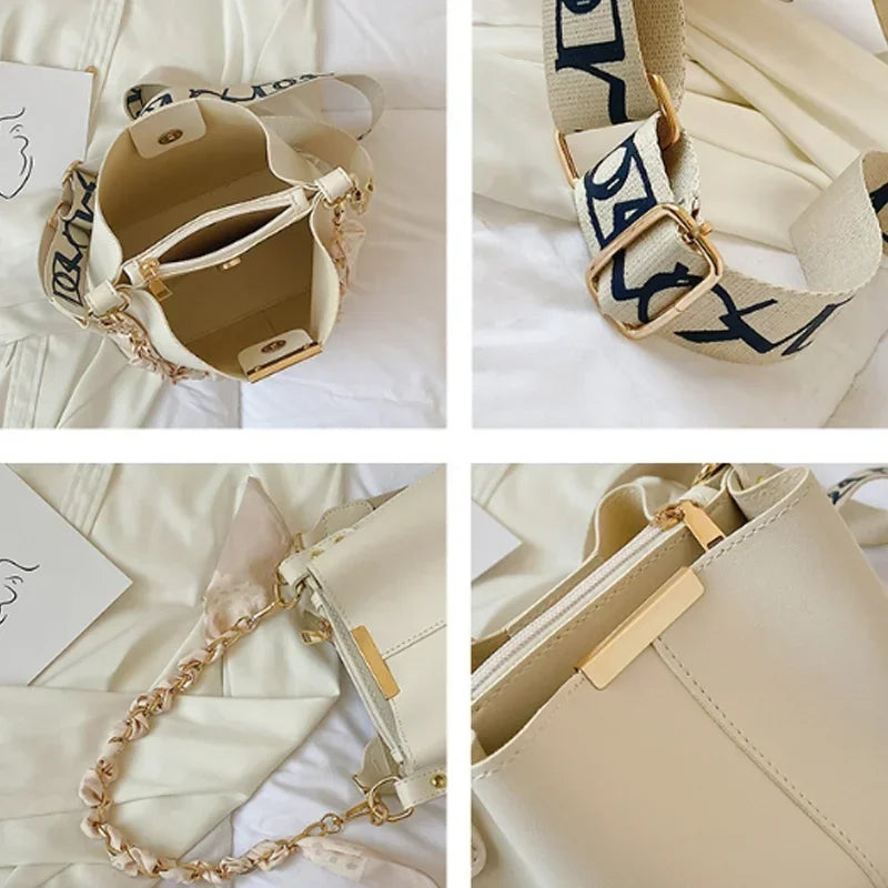 New Luxury Fashion Women's Shoulder Bag Large Capacity Bucket Bag With Ribbon Chain Crossbody Bag Commuting