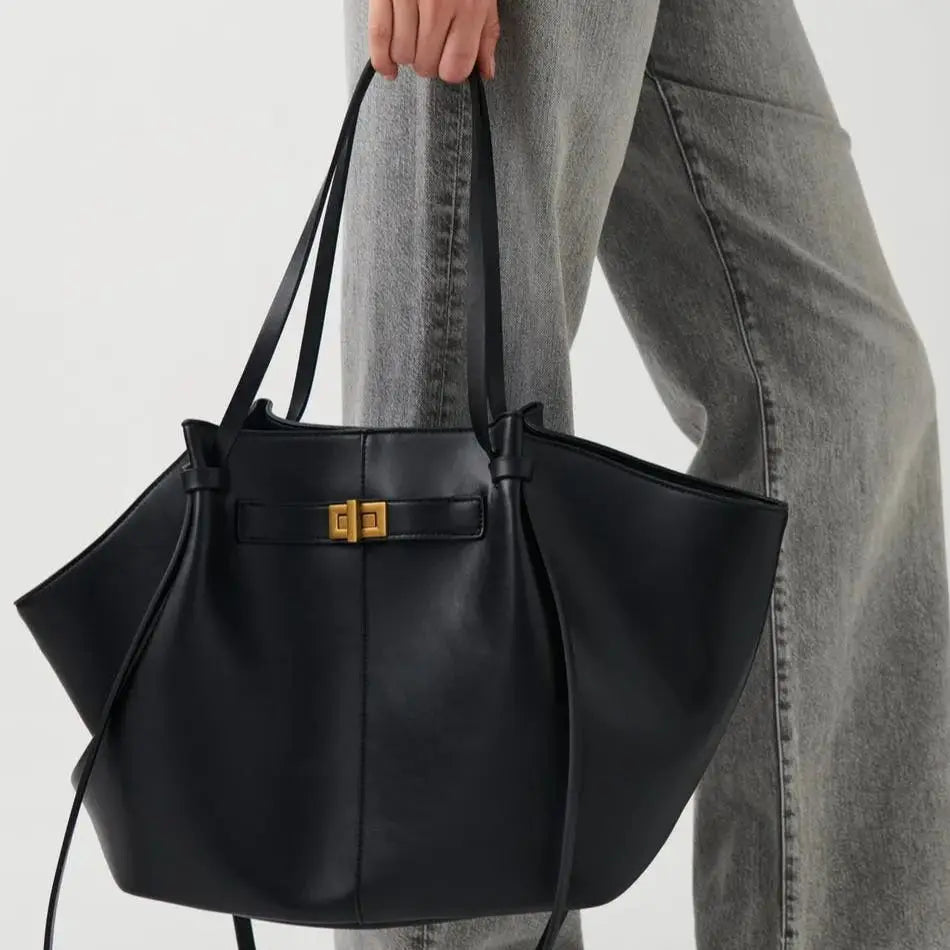 Fashion Large Capacity Trapeze Women Shoulder Bags Designer Metal Lock Handbags High-Quality Pu Leather Big Tote Commute Bag